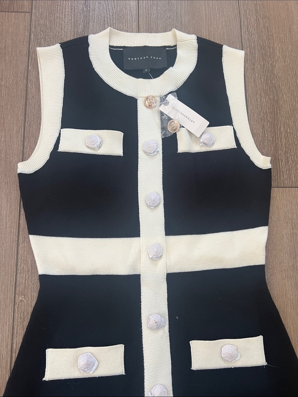 Anthropologie Black and Cream Sleeveless Button-Front Knit Mini Dress - Picture 4 of 7